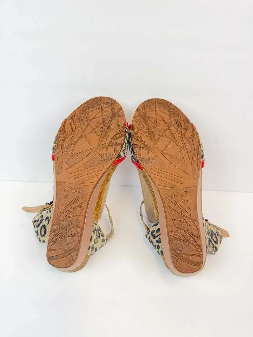 NAOT Fiona Wedge Sandals Cheetah Kiss Red Radiant Gold US 8 EU 39